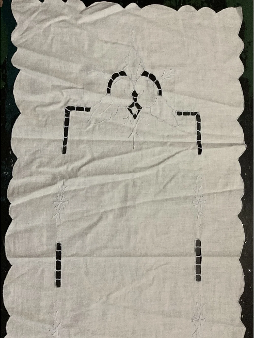 Vintage White Linen Embroidered Table Runner with Cutwork 32 1/2” x 14”